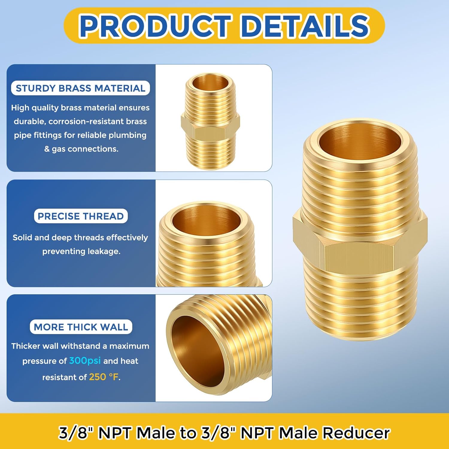 2 Pack Brass Pipe Fittings, 3/8" NPT Male to 3/8" NPT Male Brass Hex Nipple, Male Pipe Adapter Reducer for Air, Oil, LP