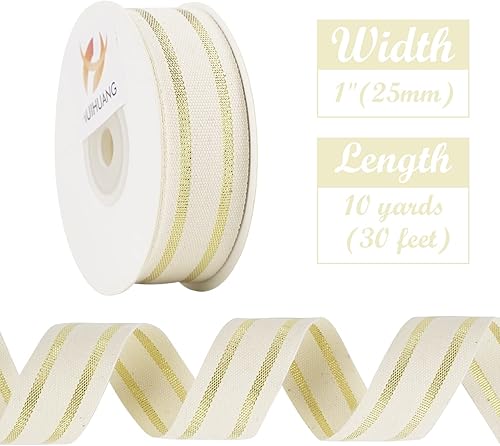 Miniatura 8 de HUIHUANG Cinta de rayas doradas y blancas, 1 pulgada x 10 yardas, cinta de algodón blanca y dorada con rayas doradas metálicas para coronas de