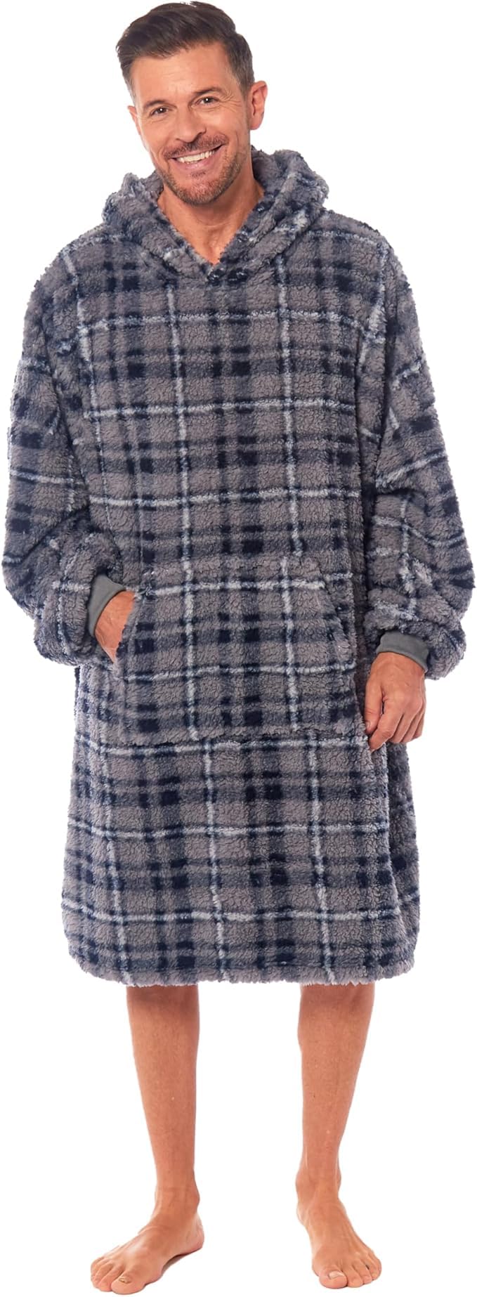 Mens Hooded Blanket Oversized Warm Soft Sherpa Fleece Comfy & Fluffy Wearable Throw Giant Sweatshirt with Front Pocket One Size Fits All (Blue Check)