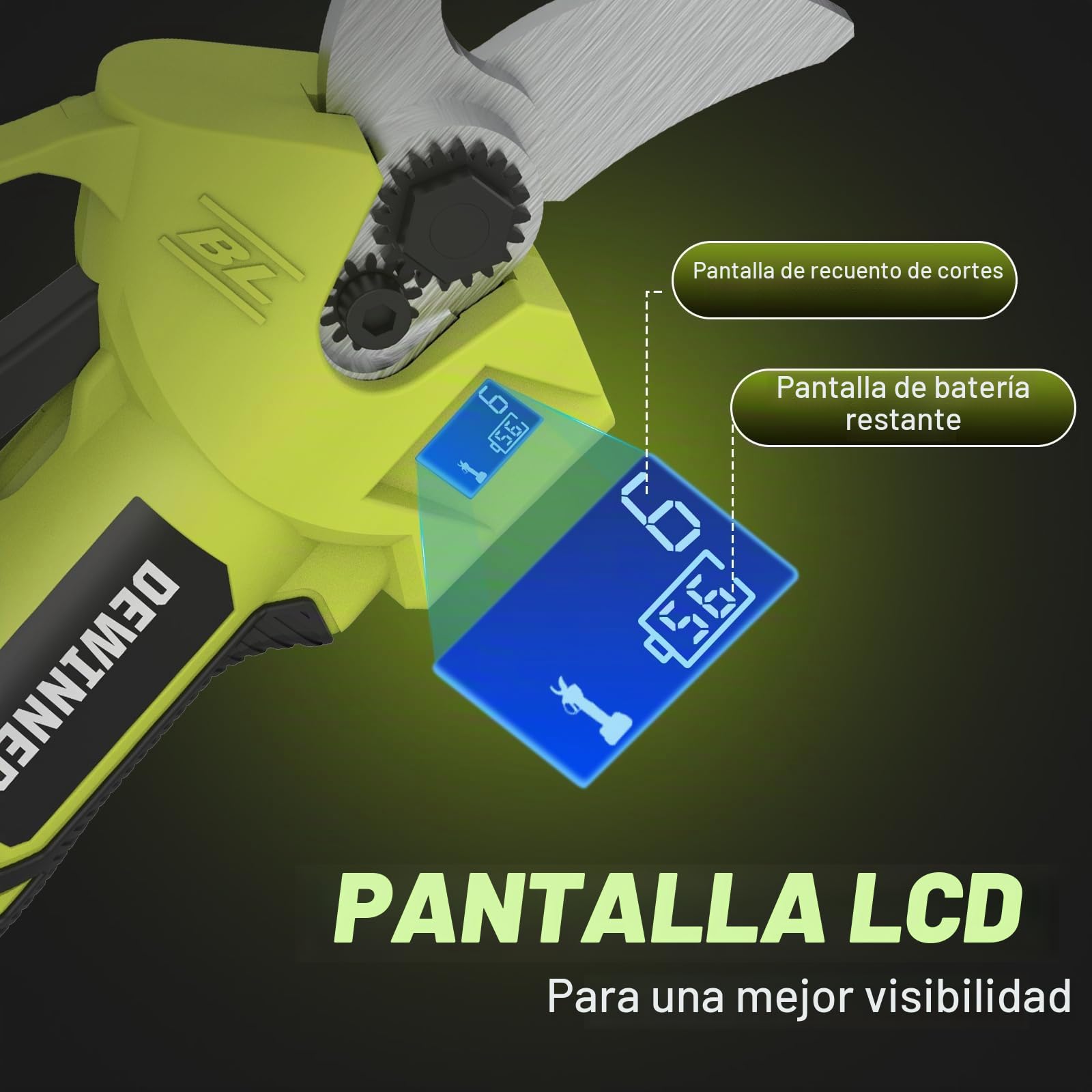 Tijeras de Podar Eléctricas Inalámbricas 20V, Motor sin Escobillas, Hoja SK5, Pantalla LCD, Ø25mm Ajustable, 2 Baterías 2000mAh, Ideal para Jardinería, Viñedos y Árboles Frutales