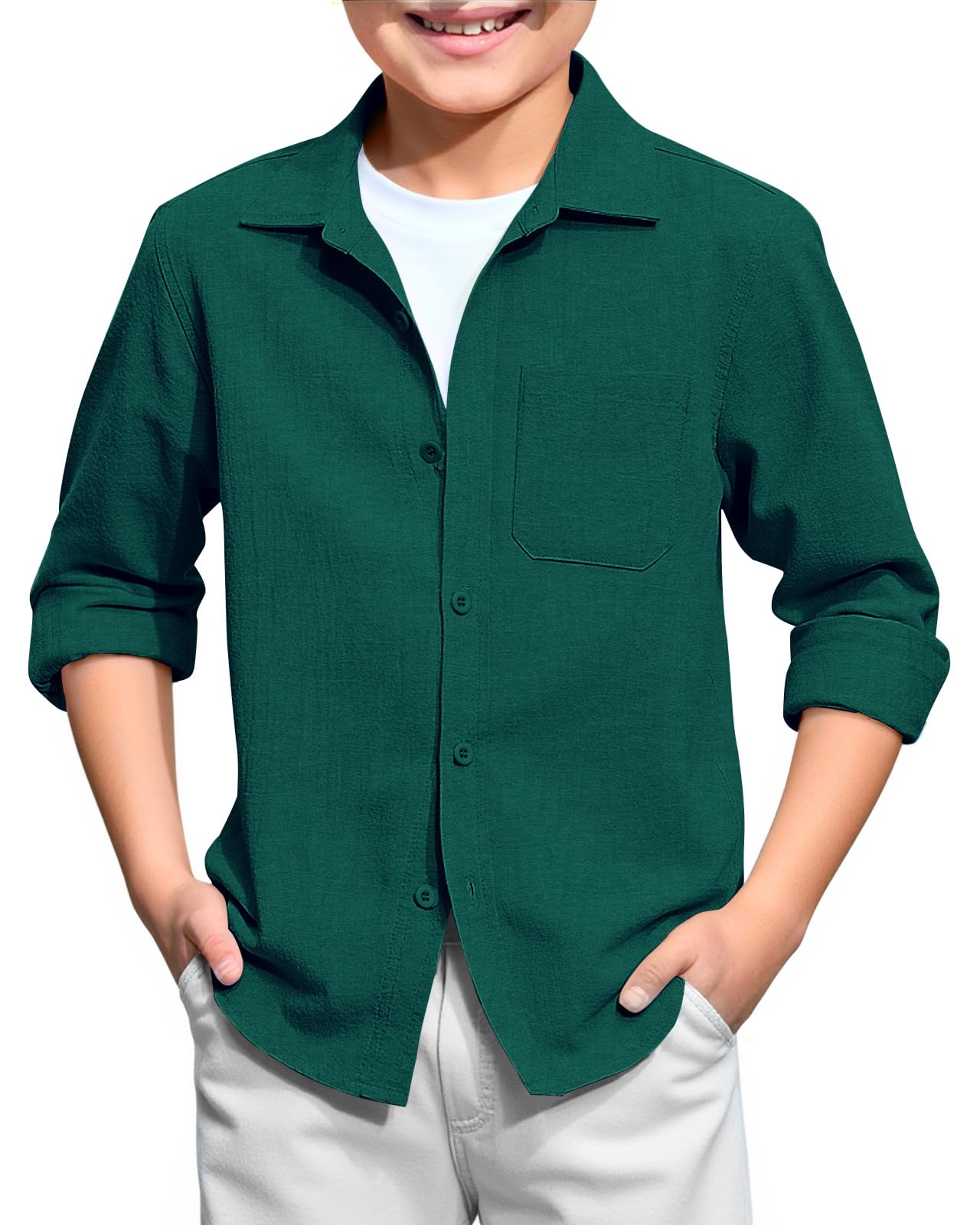 Haloumoning Camicia a maniche lunghe per bambini, in lino, con bottoni, per uniforme scolastica, 5-14 anni