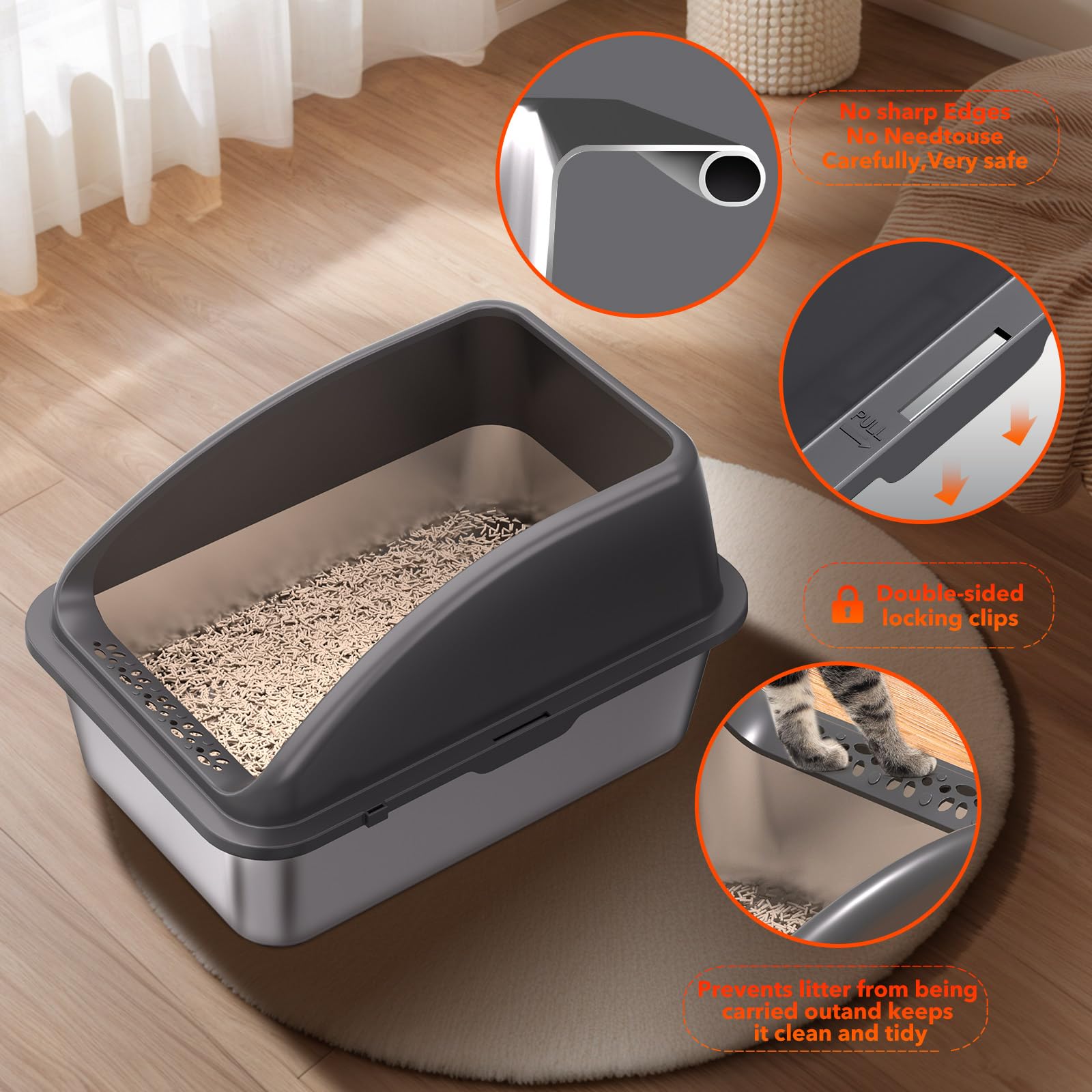 KITCATY Lettiera per gatti in acciaio inox, 50,8 cm di lunghezza x 35,1 cm di larghezza x 35,1 cm di altezza, con coperchio, non assorbe gli odori, a prova di perdite, antiaderente, facile da pulire