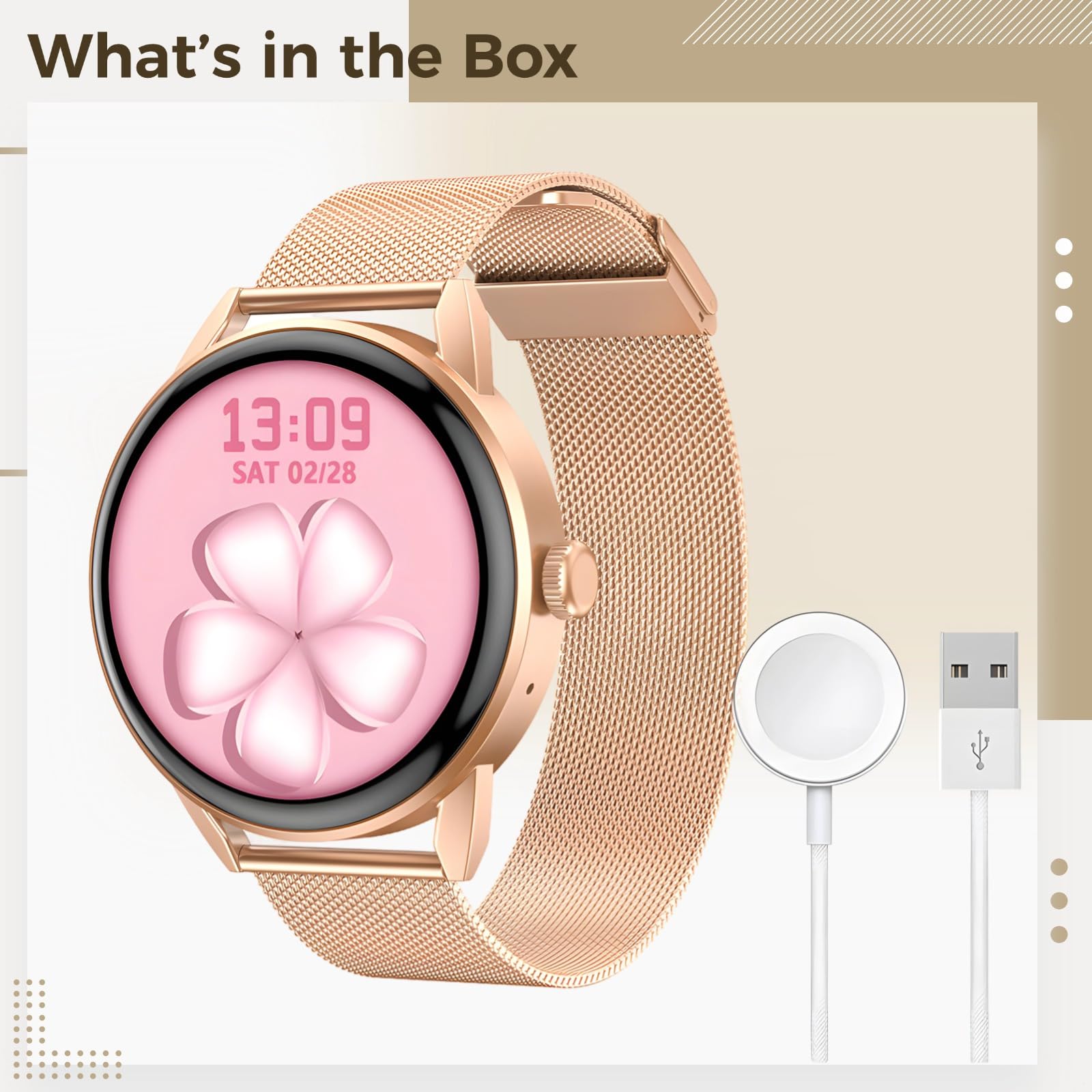 Smartwatch dla kobiet: okrągły wyświetlacz, połączenia bezprzewodowe, NFC, monitor tlenu we krwi i serca, różowe złoto fitness dla i Androida