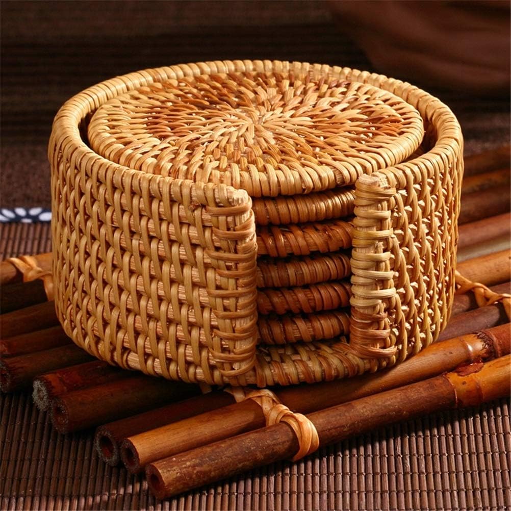 6pcs/Tea Accessories Coaster Cover Round Tableware Placemat Dish Mat Rattan Woven Coaster Mat Diameter 8Cm