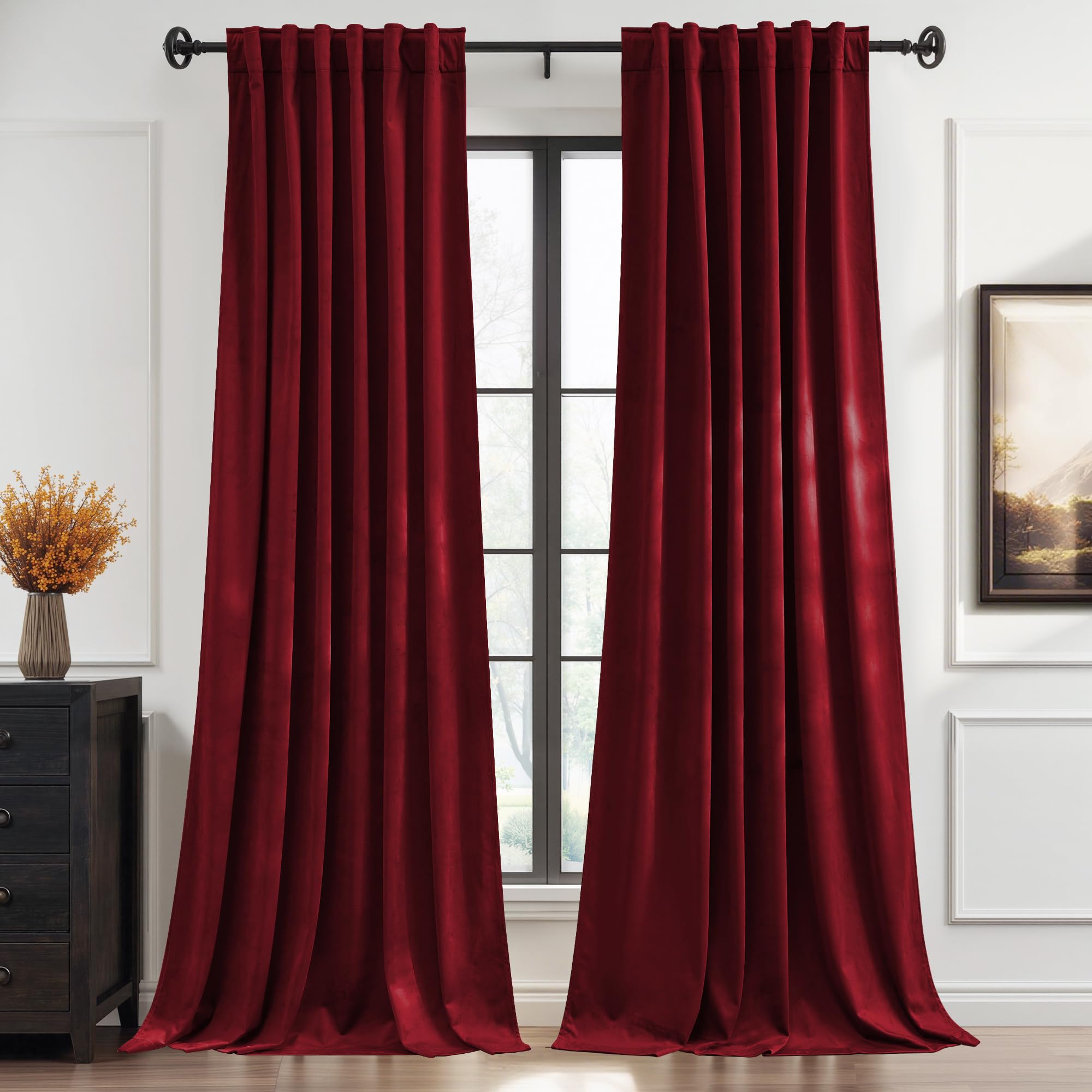 Photo 1 of StangH Christmas Red Velvet Curtains 108 Inch Length, Floor to Ceiling Luxury Red Drapes for Formal Dining Room, Heavyweight Room Darkening Window Treatment for Theater, W52 x L108, 2 Panels