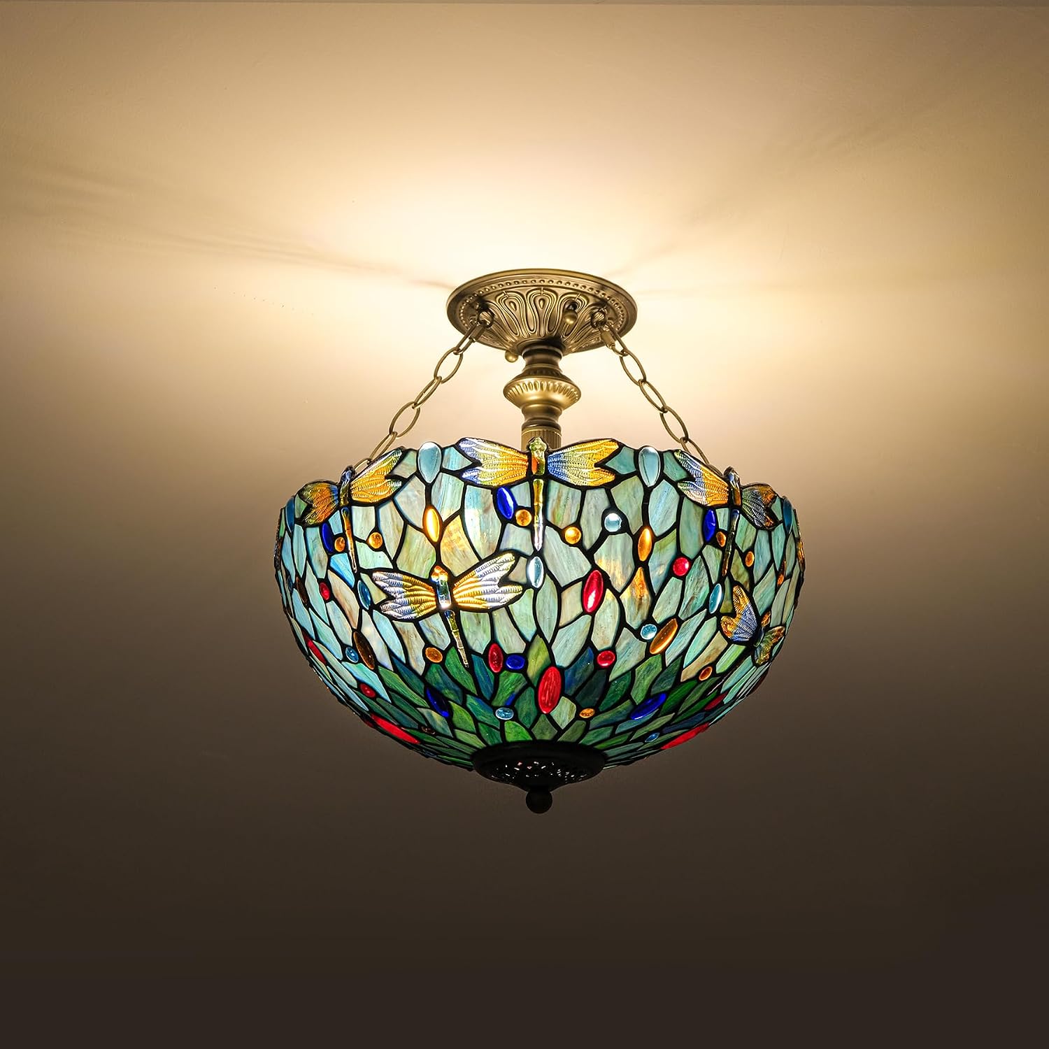 Tiffany Style Semi Flush Mount Ceiling Light, 16" Stained Glass Dragonfly Shade with Retro Bronze Base, 2-Light E26 Ceiling Fixture for Bedroom, Living Room, Hallway, UL Listed