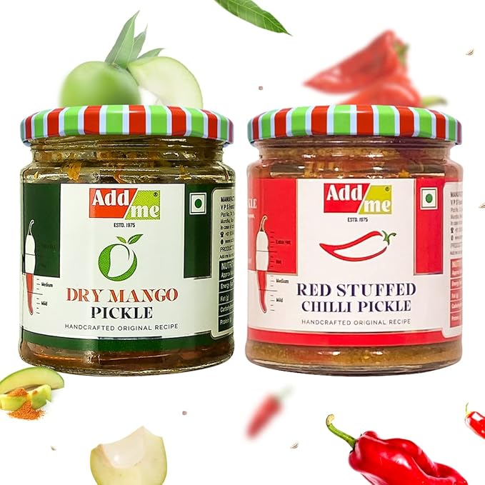 Add me Red Stuffed Pickle Banarasi bharwa lal mirch 200gm, Dry Mango Pickle, sukha North Indian aam ka achar 150gm Combo Gift Pack Glass Jar