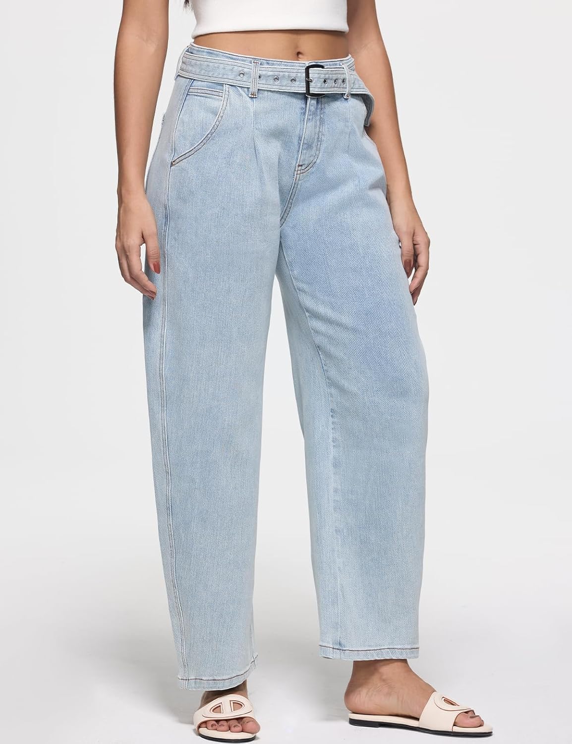 Barrel Jeans for Women Trendy High Waisted Baggy Wide Leg With Detachable Denim Belt Stretchy Denim Pants