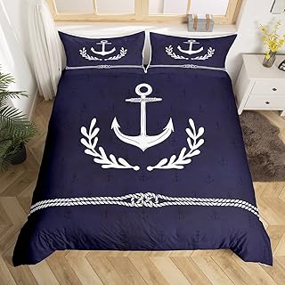 Anchor Bedding Set Queen Size,White Geometric Abstract Rope Palm Leaf Duvet Cover 3pcs for Kids Boys Teens Room Decor,Nautical Adventure Comforter Cover Navy Blue Quilt Cover,2 Pillowcases