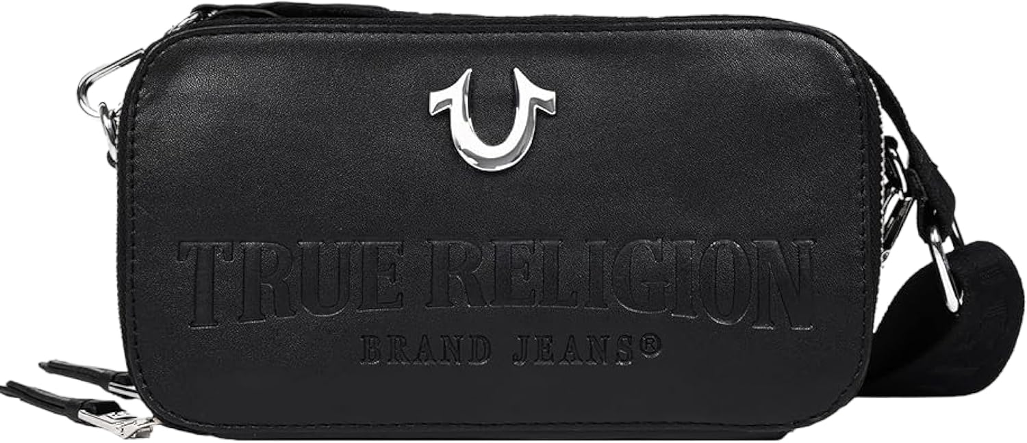 True Religion Camera Bag, Double-Zip Horseshoe Crossbody Purse with Adjustable Strap, Embossed Logo and Silver Hardware, Black