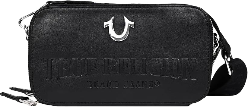 True Religion Camera Bag, Black | Double-Zip Horseshoe Crossbody Purse with Adjustable Strap, Embossed Logo and Silver Hardware
