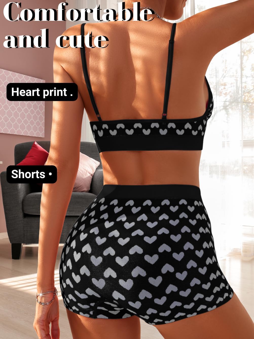 ShawGobow Heart Print Pajama Set,Deep V Sexy Lingerie Pajamas For Women,High Waisted Shorts 2 Piece Knit Lounge Sets Boudoir