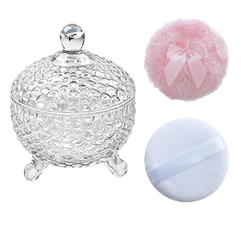 Puffs para pó corporal Qopoto com recipiente de vidro FishScale transparente, pacote com 2