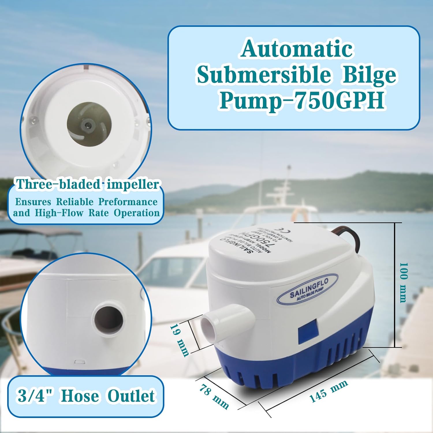 Automatic Bilge Pump for Boats - 750GPH, 12V, 3/4" Outlet, Marine Submersible Water Pump with Snap-Off Strainer & Float Switch, Compact for Yacht, Boat Bilge Pump 12V Automatic