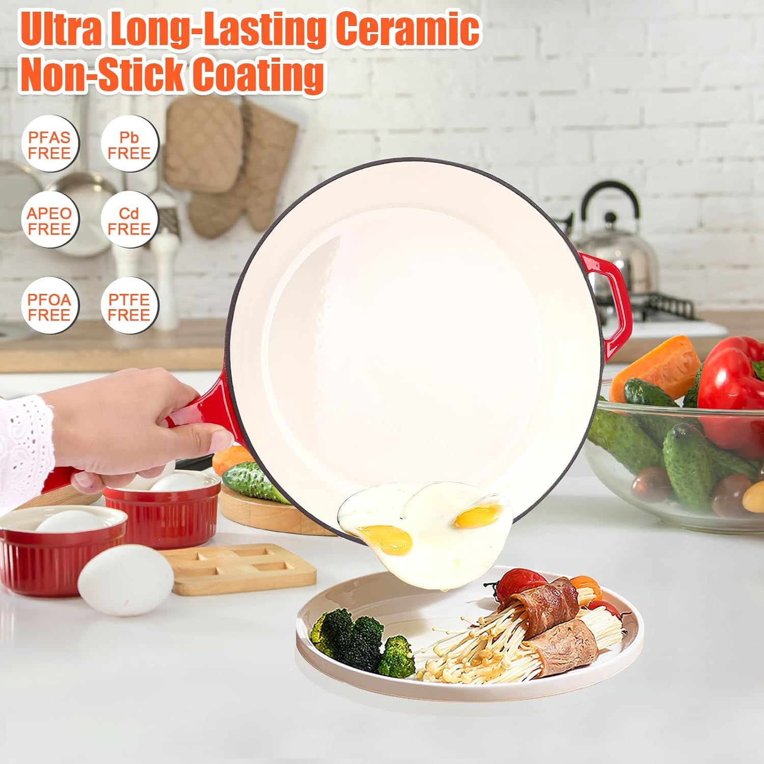 Nonstick Enameled Cast Iron Cookware - 3 Frying Pan Set 8-Inch, 9.5-Inch Frying Pan, Healthy Non Toxic Cooking, PFOA PFAS PTFE Free, Compatible with All Stovetops, Red