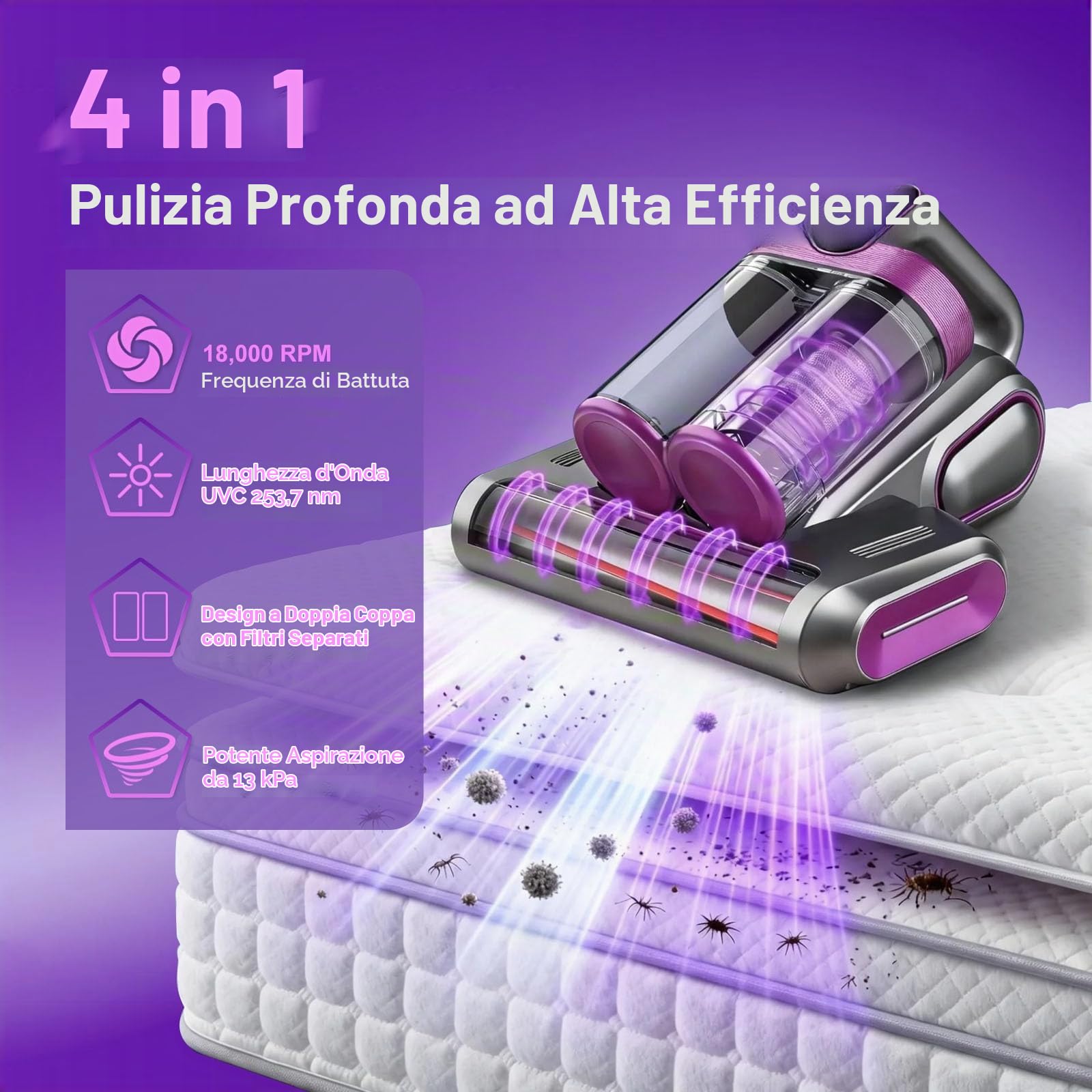 Aspiratore acaro senza fili per materassi, aspirapolvere acari con luce UV da 253,7 nm, ultrasuoni e spazzole rulli, aspiracari della polvere, allergeni e peli di animali (viola)