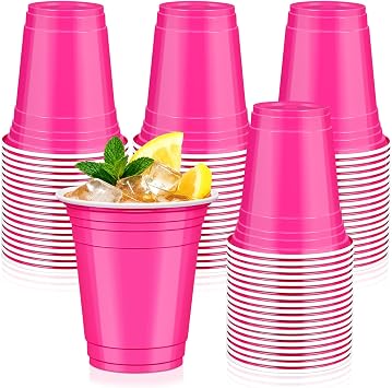 50 Hot Pink Plastic Cups, 12 oz Disposable Cups, Drinking Valentines Day Cups for Birthday Party Graduation Wedding Bridal & Baby Shower Picnic BBQ
