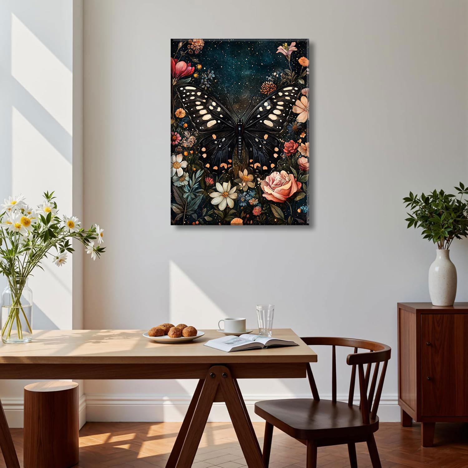 Butterfly under the Starry Sky Canvas Wall Art Dark Floral Butterfly Wall Decor Pictures Moody Vintage Botanical Moth Poster Prints Gothic Dark Academia Painting Decoration 12X16in Ready to Hang