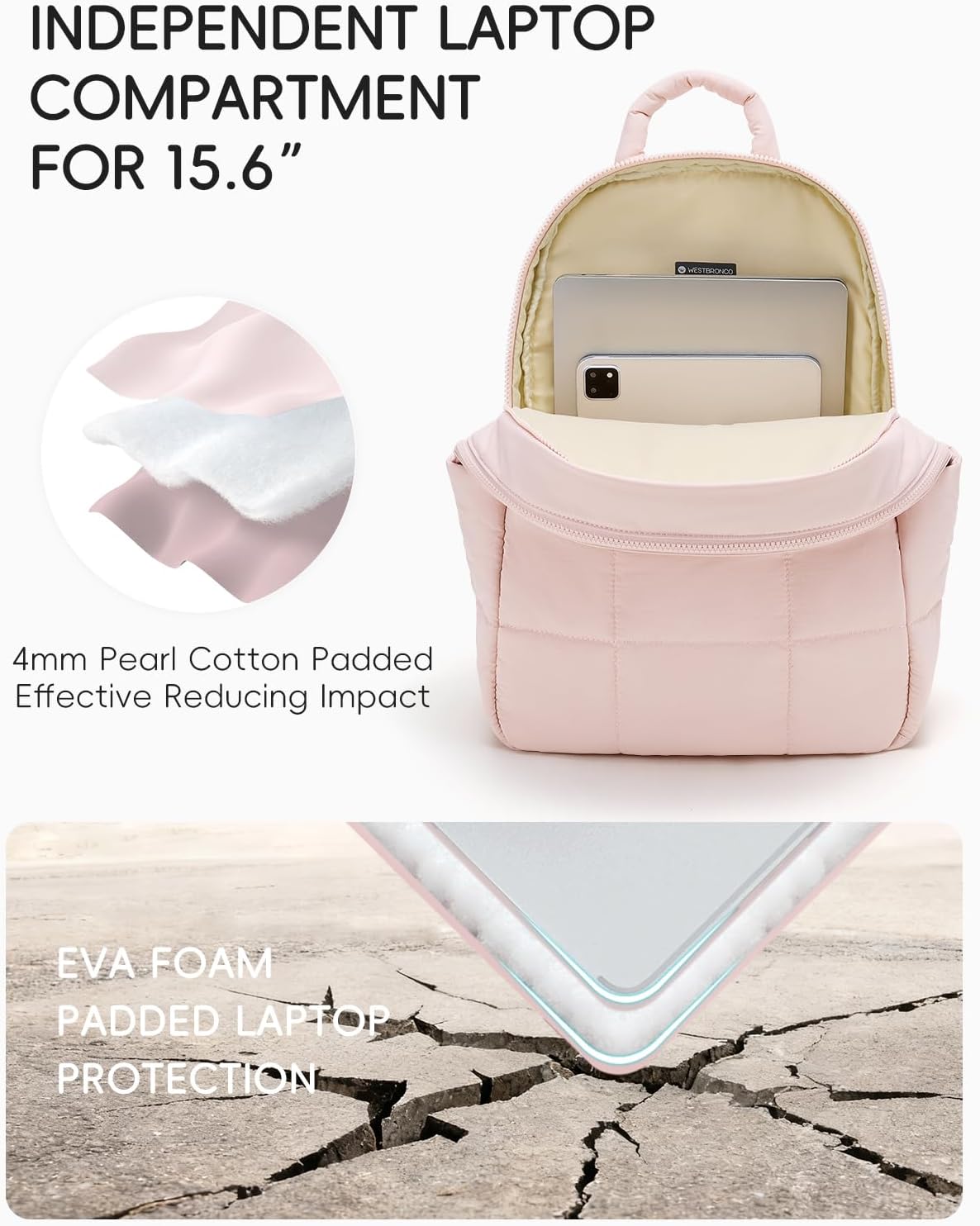 WESTBRONCO Puffer Laptop Backpack for Women Travel Backpack for Women Airplane Approved Backpack with 16'' Laptop Compartment