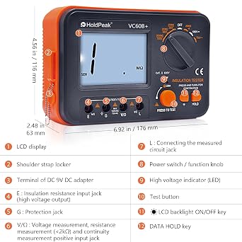 Digital Insulation Resistance Tester 1999 Counts Megohmmeter AC/DC Voltmeter, Test Voltage 250/500/1000V, Insulation Resistance 2G Ohms with Large LCD Backlit, Data Hold and High Volt Indication light