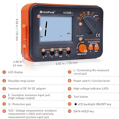 Digital Insulation Resistance Tester 1999 Counts Megohmmeter AC/DC Voltmeter, Test Voltage 250/500/1000V, Insulation Resistance 2G Ohms with Large LCD Backlit, Data Hold and High Volt Indication light