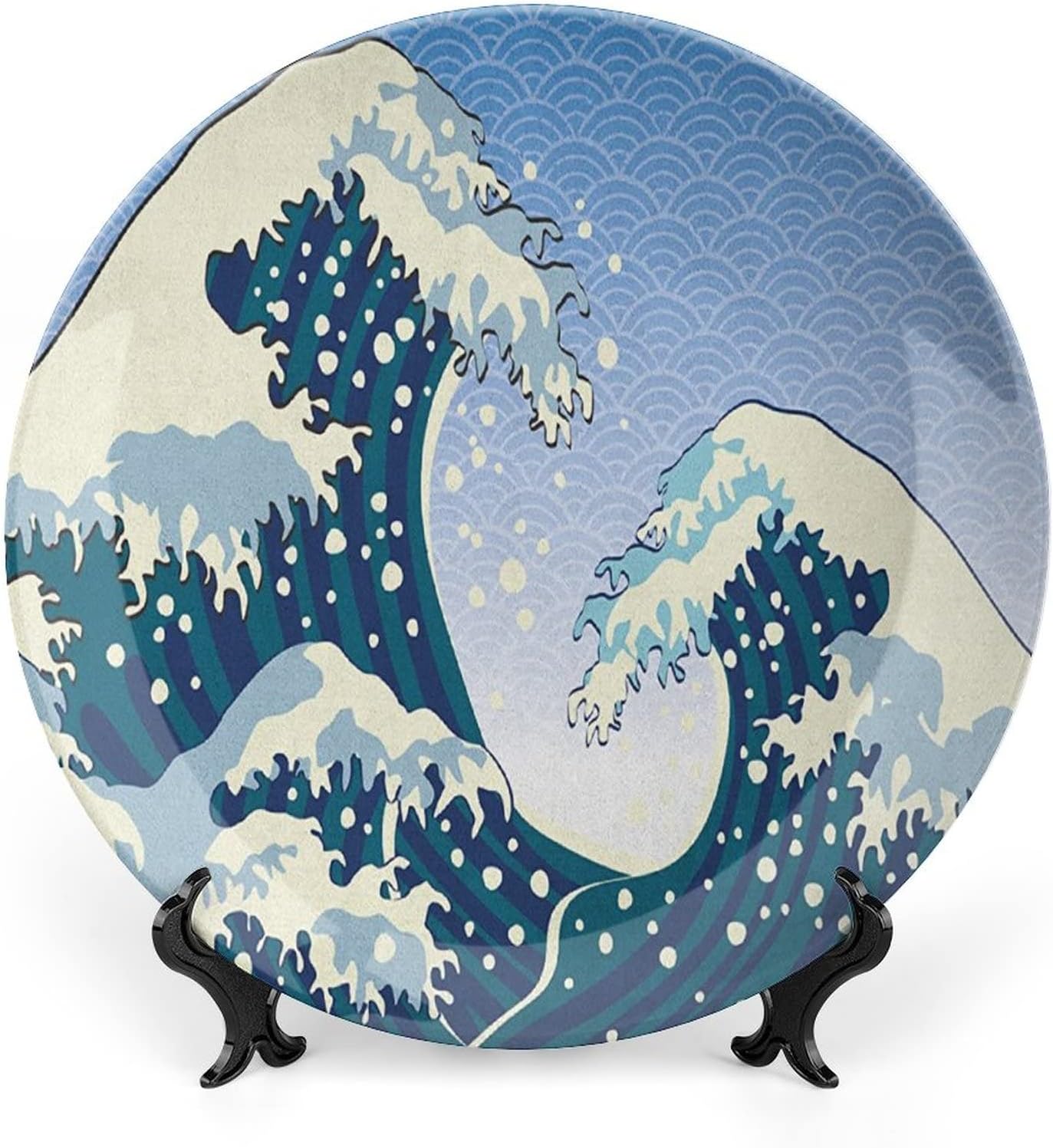 XISUNYA 10 Inch Decorative Plate, Japanese Wave Ceramic Plate, Traditional Eastern Pattern with Waves of Water Print Ceramic Wall Hanging for Home Office Party Dinner Table Decor