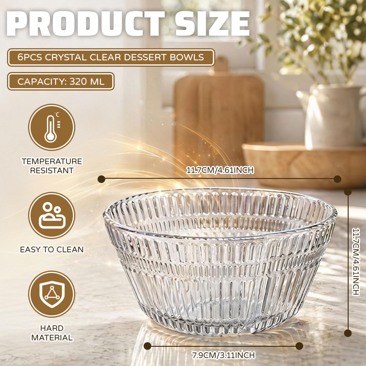 Lot de 6 Bols à Dessert en Verre Cannelé – 320 ml – Empilables Gain de Place – Pour Salade de Fruits, Yaourt, Glace, Apéro – Va au Lave-Vaisselle pour Maison, Mariage, Mère