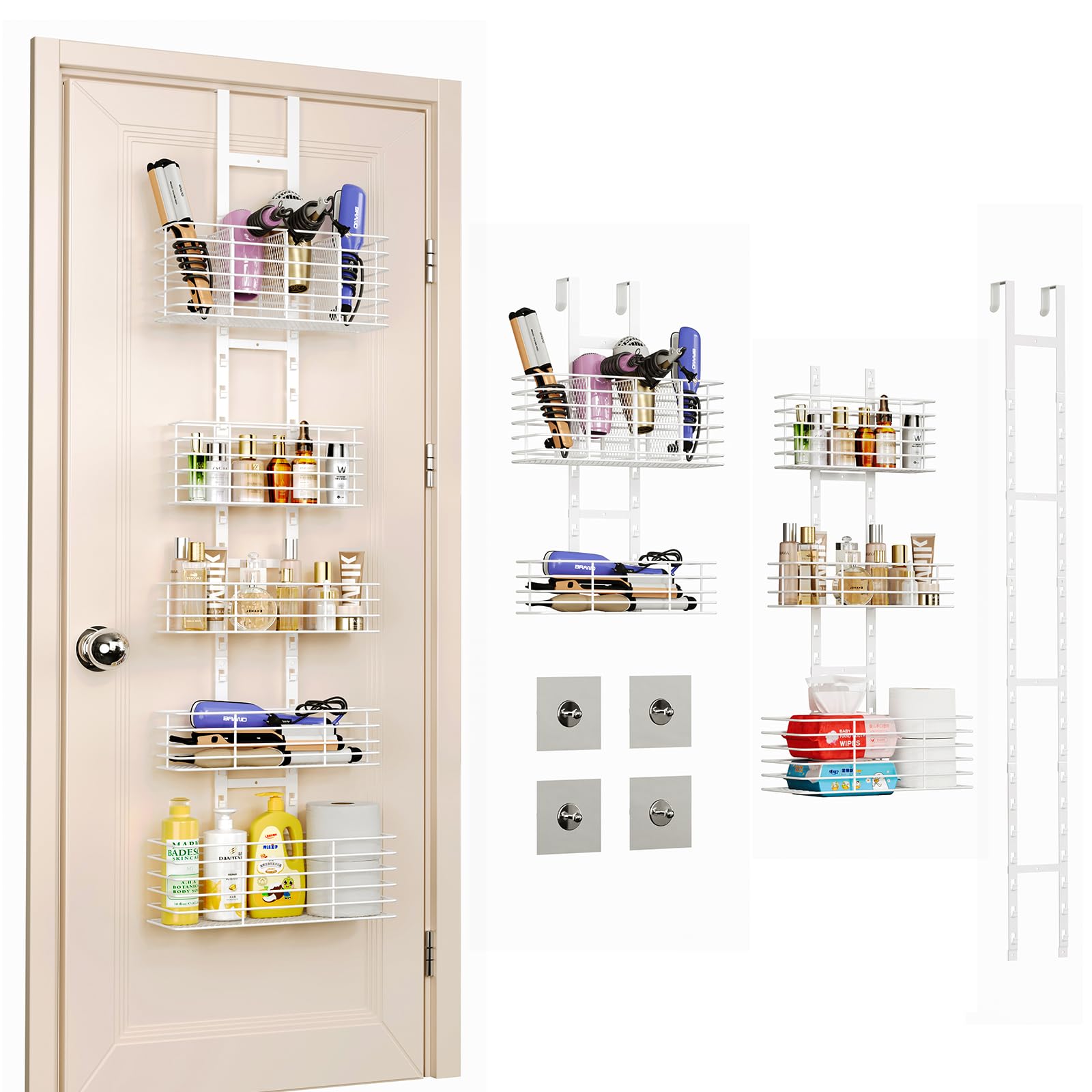 Organizador de 5 niveles sobre la puerta, estantes de baño, organizador de herramientas para el cabello, soporte para secador de pelo, altura ajustable, estante de almacenamiento de baño de