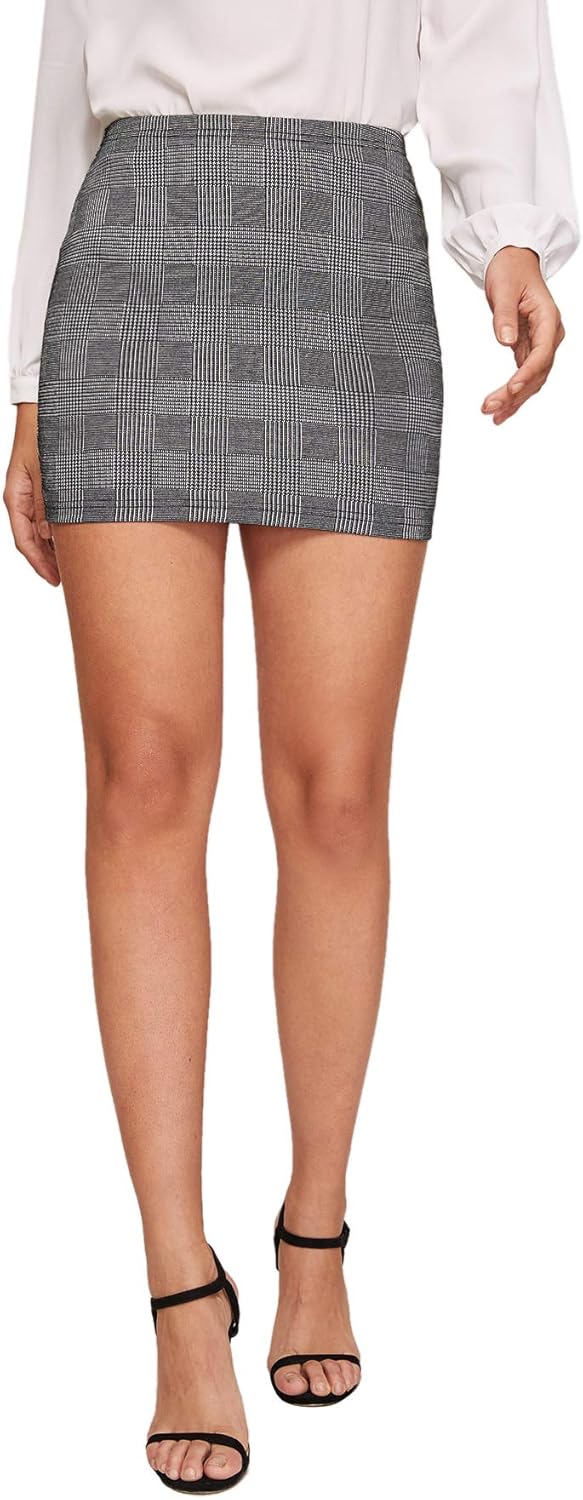 SheIn Women's Basic Stretch Plaid Mini Bodycon Pencil Skirt X-Small Dark Grey