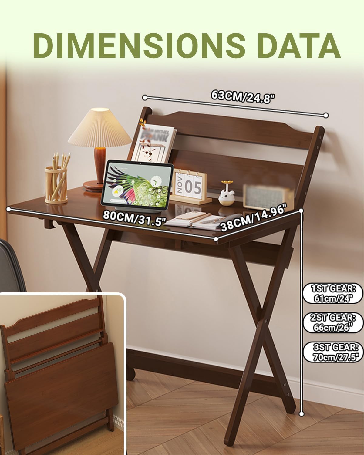 Folding Desk for Small Spaces, Student Writing Desk, Computer Deskadjustable Height Table Bamboo for Living Study Room, School, for Couch, Sofa, Bed, Chair (31.5")