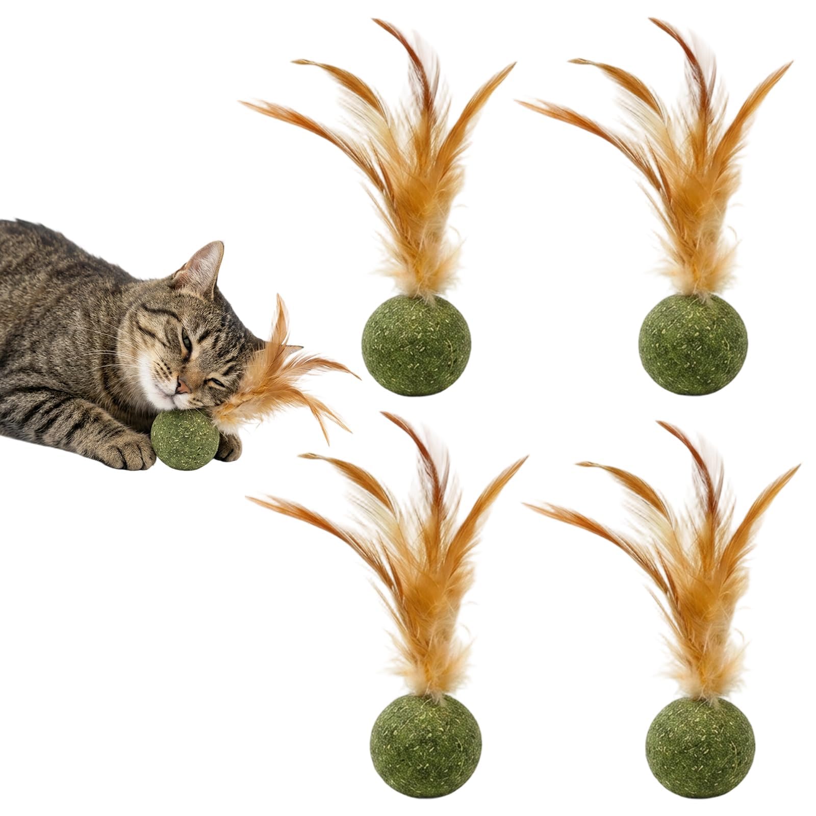 PRVCFZ 4 PCS Catnip Balls, Cat Nip Balls Cats, Interactive Dental Care with Feathers, Four Catnip Ball Set for Indoor Cats and Kittens, Multi-Cat Household Playtime Solutions