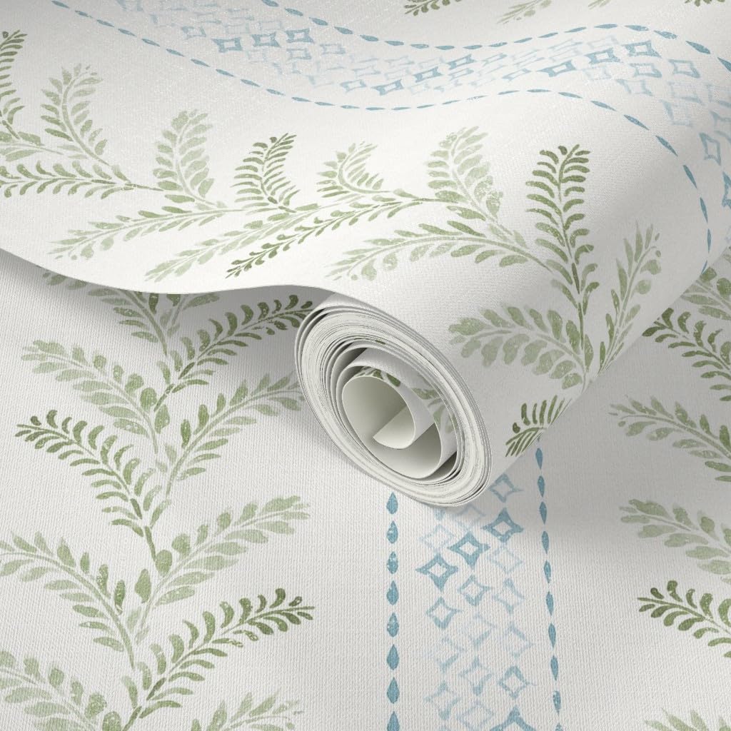 Peel & Stick Wallpaper 3ft x 2ft - Leaves and Stripes,sage Green Blue,French Country,Vintage,Modern Farmhouse,Cottage,Watercolor Custom Removable Wallpaper by Spoonflower