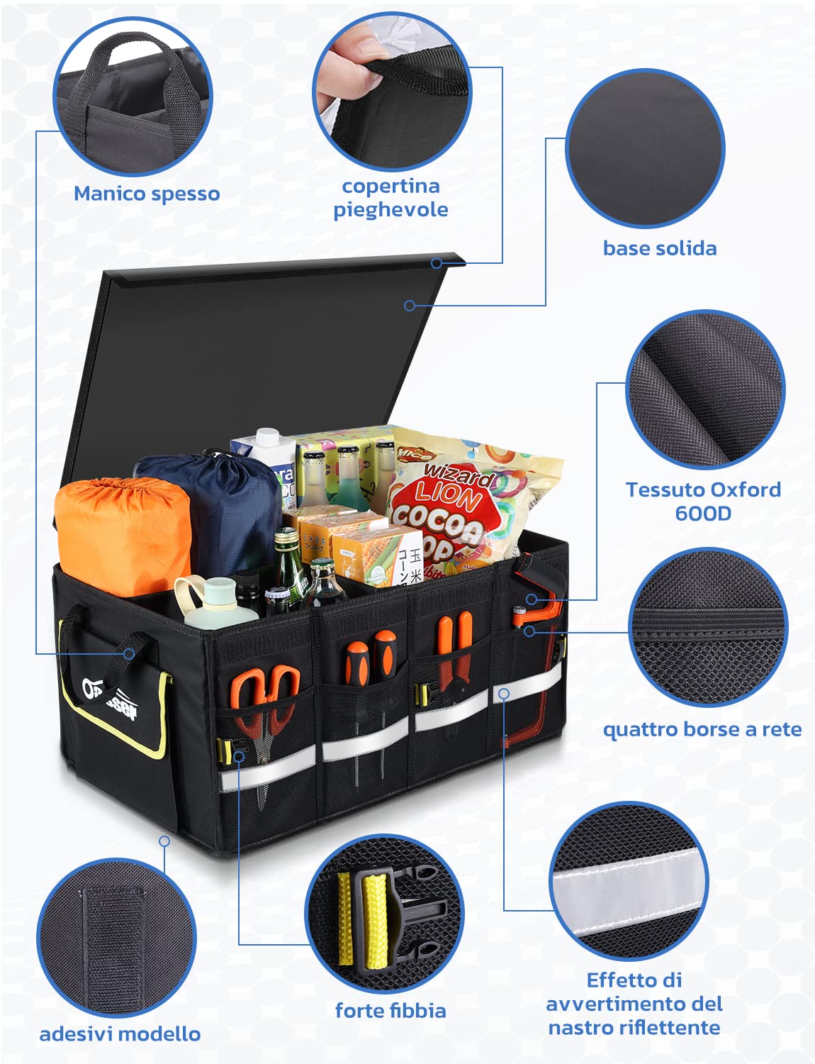 oasser Organizer per Bagagliaio Auto Waterproof 55L 600D Tessuto Oxford Organizer per Bbaule Pieghevole Multiscomparto Antiscivolo con Base Robusta Borsa per Bagagliaio Nero
