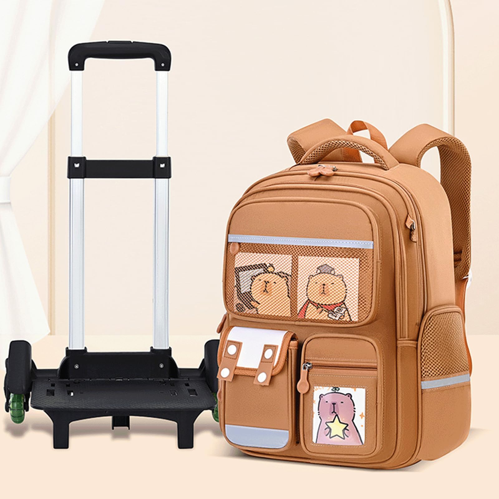 Zaino Trolley Scuola Elementare Motivo Capibara 12 Pezzi Zaino Scolastico Smontabile Riflettente Resistente All'Acqua Per Bambini Bambine Classi 2-6 (Marrone)