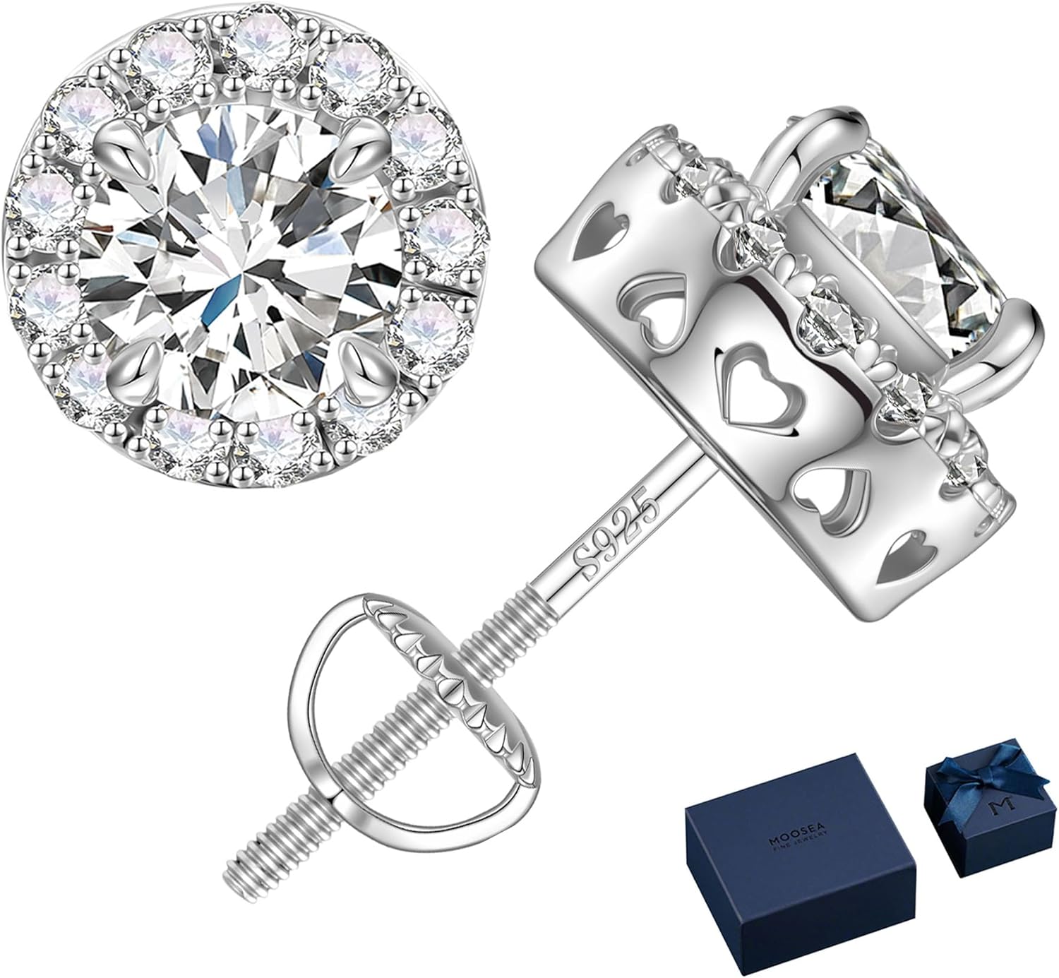 MOOSEA Moissanite Halo Earrings Screw Back, 925 Sterling Silver Round Cut Brilliant 1-2ct Moissanite Screw Back Earrings for Women Men