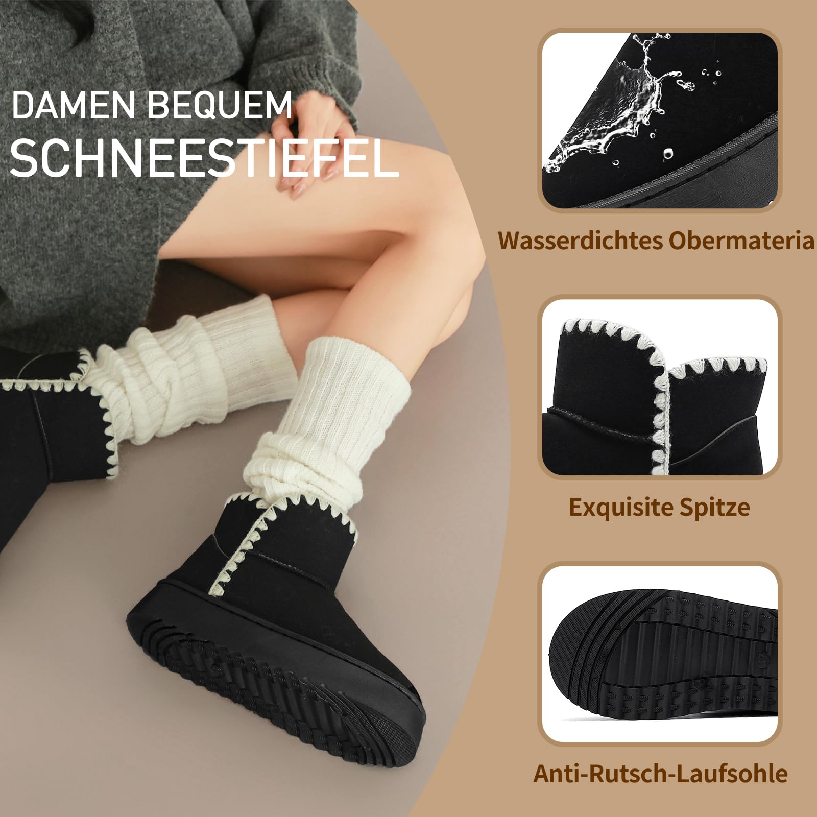 Jifenkla Stivali da Neve Donna,Design in pizzo a onde alla moda,Foderato Caldo Stivaletti invernali,Antiscivolo Impermeabili suola in gomma,Leggerie Comode Pelliccia Breve Scarpe,Outdoor