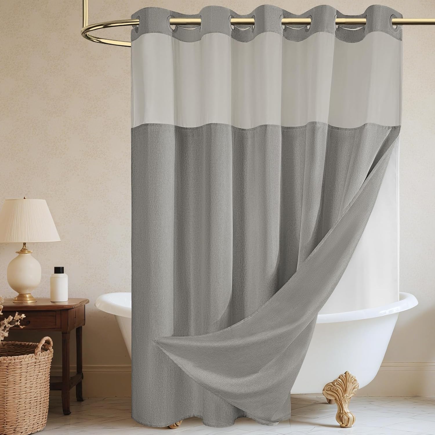 Long No Hook Shower Curtain with Snap in Liner, Polyester Textured Shower Curtain with Liner Set, Waterproof Washable Hotel Style Shower Curtains for Bathroom, 71Wx80H, Grey