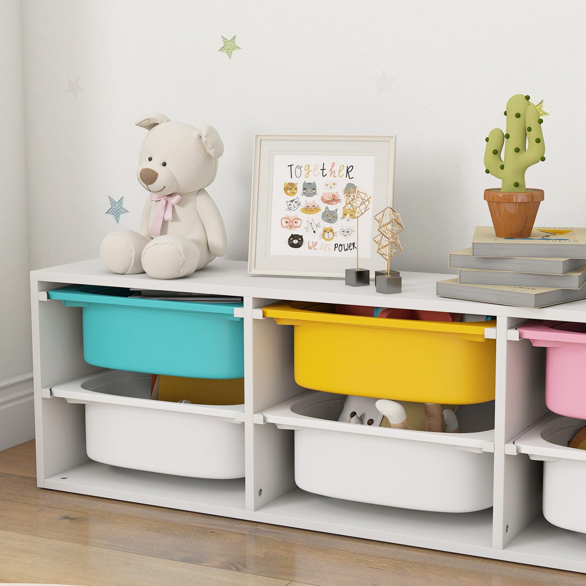 AIYAPLAY Meuble Rangement Enfant à 2 Niveaux avec 6 bacs Amovibles, étagère de Rangement pour Jouets Enfants pour Chambre d'enfant, Salle de Jeux ou garderie, Blanc