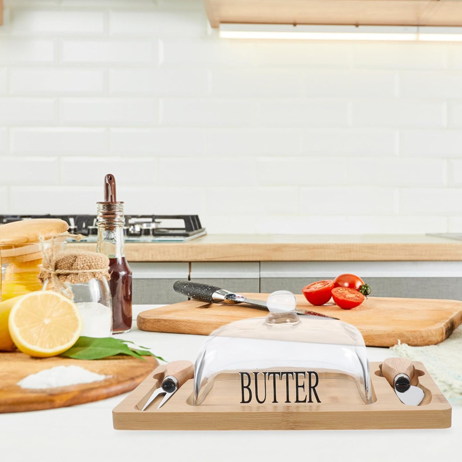 Butter Dish with Dome Lid and Double Blade, Wooden Butter Storage Box for Home Kitchen, Cheese Preservation Container with Tray for Refrigerator Use