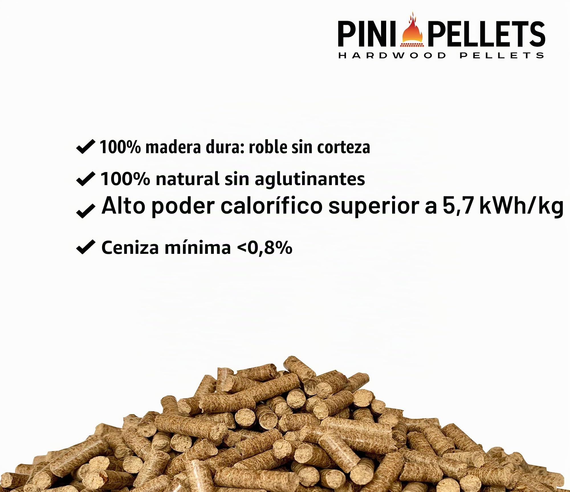 Pellets de madera dura 6 mm PINI 15 kg para calefacción, asar, ahumar