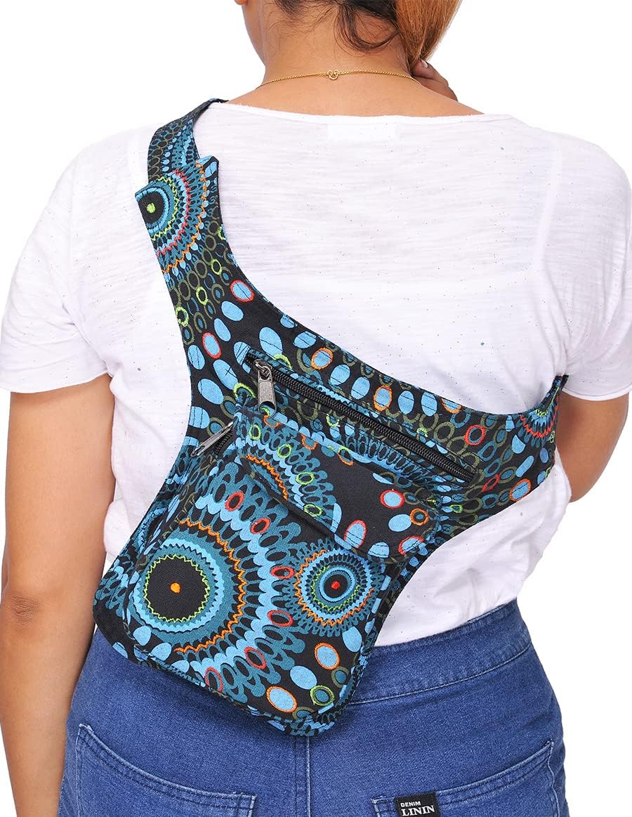 The Collection Royal Handmade Festival Waistpack Boho Hippie Waist Bag Hip Bum Running Belt Fanny Pack Travel Utility Belt (Blk+Blu)