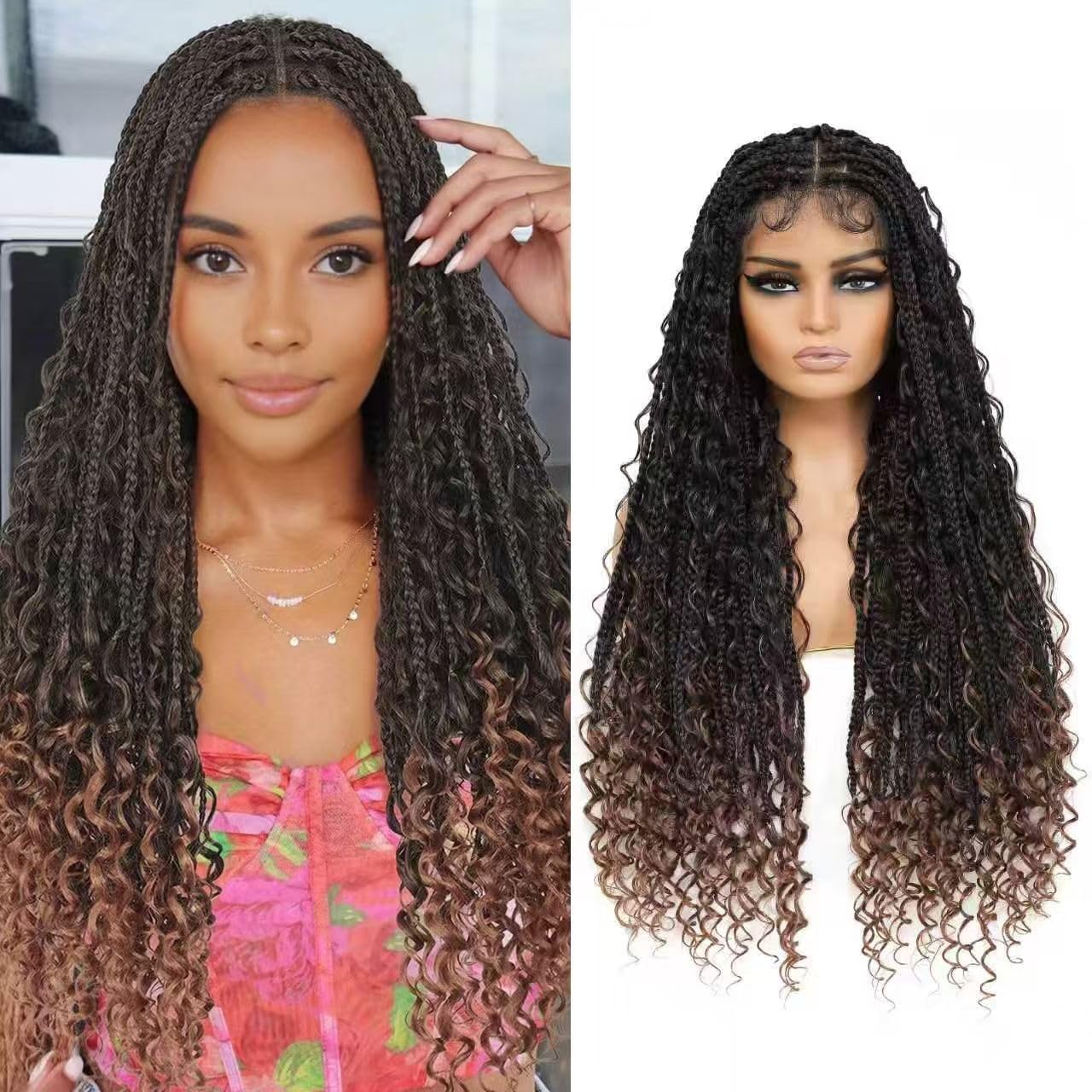 Boho Box Braid Knotless Goddess Locs Wigs with Curly Ends Double Full Lace Square Synthetic Braided Wigs with Baby Hair for Woman (36 Inch, 1B/30)