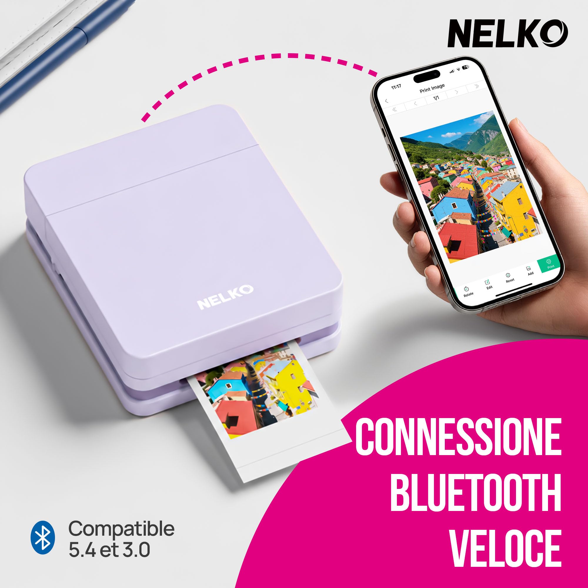 Stampante Fotografica Portatile a Colori PP01, Stampa Istantanea Adesivi da Smartphone, App di Modifica Divertente, Compatibile con iOS e Android, Ideale per Natale e Foto Istantanee, Viola