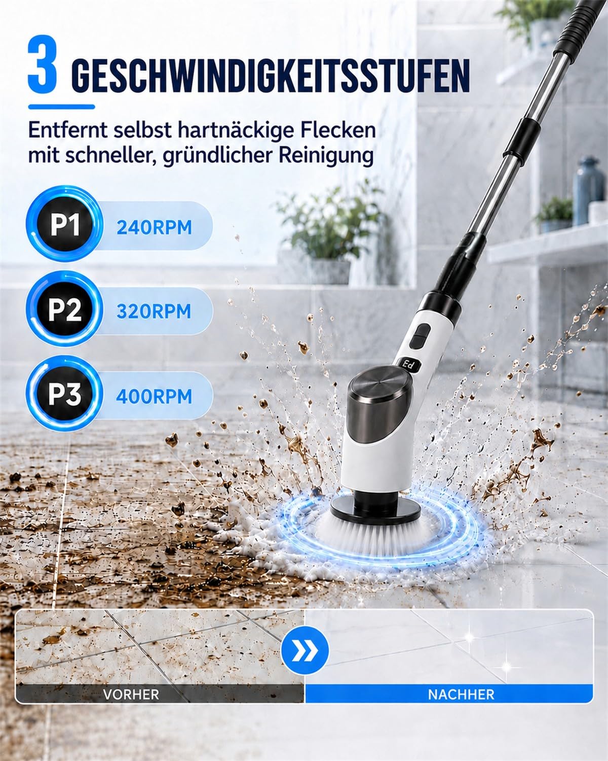 WHATOOK Elektrische Reinigungsbürste mit 8 Wechselbürsten, IPX7 Wasserdicht