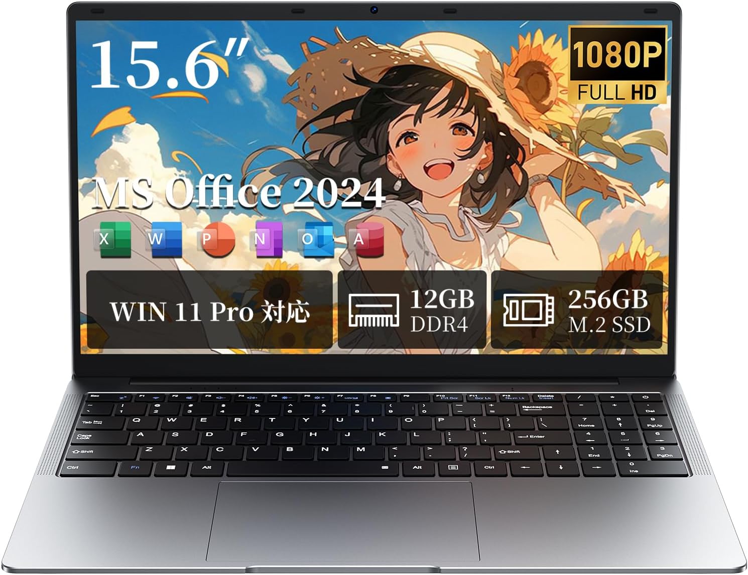 Tiger Laptop with Office 2024, Windows 11 Pro, 15.6-inch, 12GB RAM, 256GB SSD, Celeron Processor up to 2.6GHz, FHD 1080P Non-Glare Display, Webcam, Quiet Operation, Lightweight 1.5kg, Wi-Fi 5, BT 5.0, HD Port, Numeric Keypad, Silver