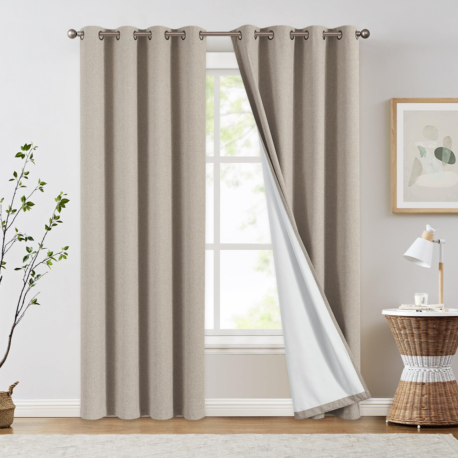 JINCHAN 100% Blackout Curtains for Bedroom, 84 Inch Length Linen Textured Drapes for Living Room, Thermal Insulated Full Light Blocking Curtains, Grommet Top Window Treatments 2 Panels Heathered Taupe