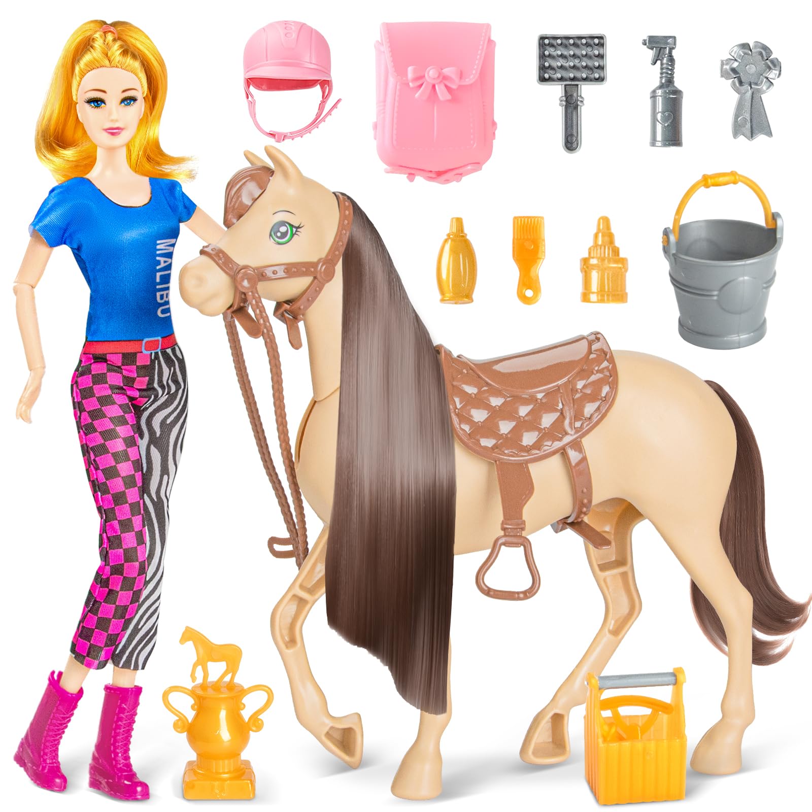 Juego de 60 piezas de caballo de muñeca, muñeca rubia de moda (11.5 pulgadas) en accesorios de muñeca Helemt y caballo marrón claro con cabeza móvil, silla de montar, brida y riendas, para edades de 3