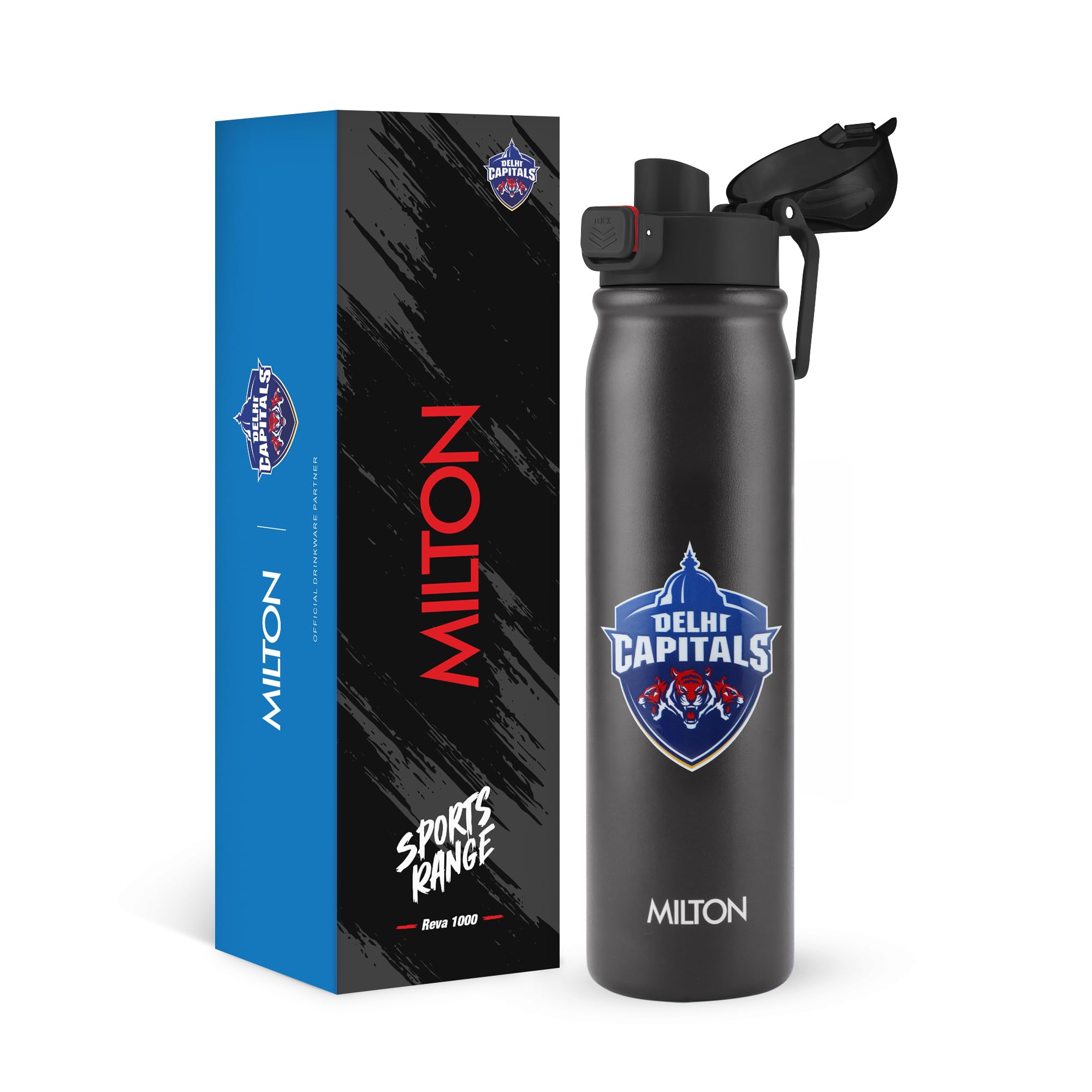 Milton Sports Reva 1000 | DC Official Drinkware Partner I Limited Edition Delhi Capitals Water Bottle | Stainless Steel Sipper with Twin Lid | Leak Proof | Designed for Cricket Fans I 1 L | Black