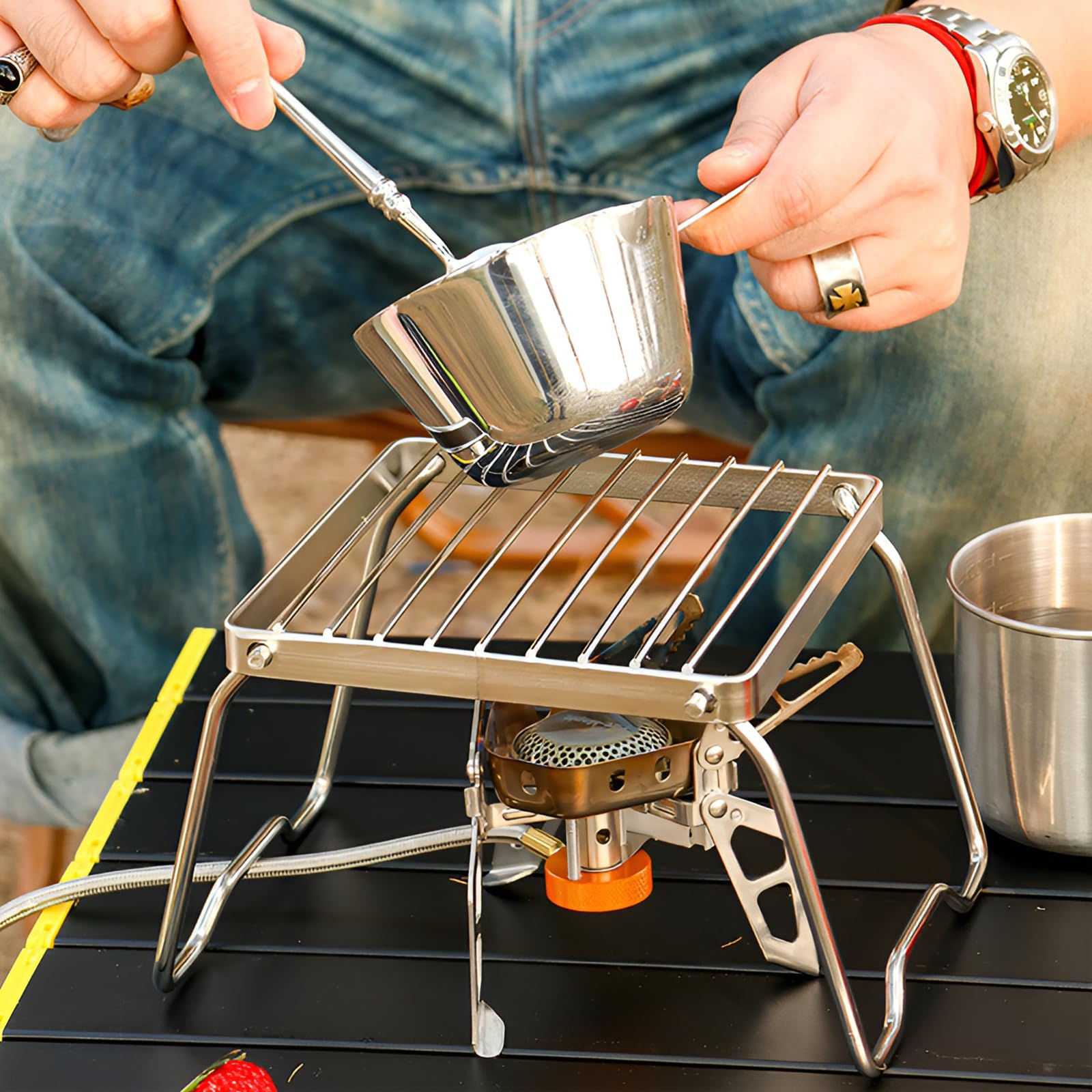 Mini Griglia in Acciaio Inox, Barbecue Portatile, Barbecue da Viaggio/Campeggio, Leggero, Robusto, Compatto, Mini BBQ è Adatto a 1 o 2 Persone, e Ha un Blow Fire Tube, Barbecue da Campeggio