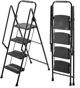 Folding Ladder, 500 lbs Capacity Sturdy Steel Step Stool with Wide Anti-Slip Pedals, Lightweight Step Ladder with Safety Handle for Home, Kitchen, Office, Black 4-Step